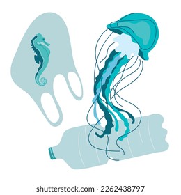 Dirty ocean environment. The animals, fish, jellyfish, sea horse swim with trash, plastic bottle, plastic bag. Vector illustration with climate change, SAVE EARTH NOW. People pollutes the planet.