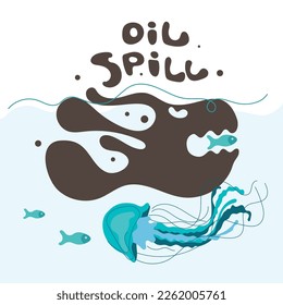 Dirty ocean environment. The sea animals, fish, jellyfish die out and swim with mineral oil. Vector illustration with climate change, SAVE EARTH NOW. People pollutes the planet.