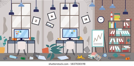 Dirty office background with scattered things in mess and disorder, flat cartoon vector illustration. Dirty unclean business workspace before cleaning.