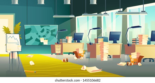 Dirty office interior, empty work place with scattered garbage, crumpled paper, plastic cups on floor, messy room with computers, document piles on desks, flip chart board. Cartoon vector illustration