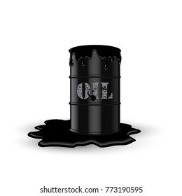 Dirty oil barrel with oil stain. Vector ecology illustration.