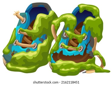 Dirty old shoes in moss and swamp lichen. Boot tattered after campaign. Cartoon game object. Isolated vector illustration.