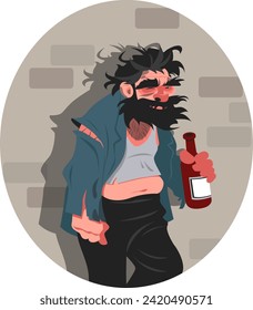 Dirty overgrown man, homeless man with bottle of alcohol in his hand, beggar hungry old man in bad clothes. Stock vector illustration.