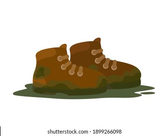 Un par sucio de botas aisladas sobre fondo blanco. Ilustración vectorial, diseño plano, estilo de dibujos animados.
