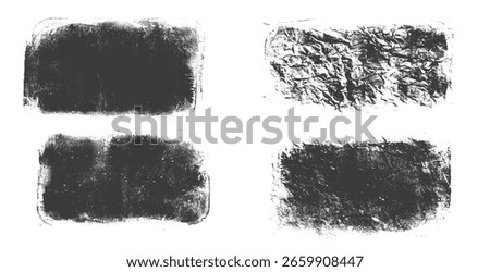 Dirty paper grunge set. Callouts rectangles frames. Linocut rolled paint black tag. Vector handmade brayer stamp smudged texture. Rough paint decorative irregular border.