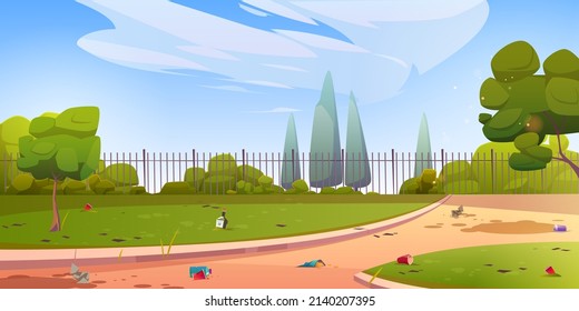 Dirty park or garden with garbage on paths and lawn. Vector cartoon illustration of summer landscape with green trees, bushes, grass, metal fence and trash, plastic cups, bottle and paper