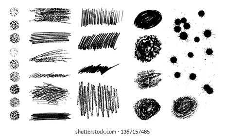 Dirty pencile texture collection. Acrylic paint brush stroke, messy texture, grungy backdrop. Artistic design elements for any purpose. Vector illustration isolated on white background.