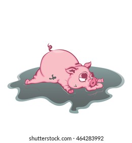 Dirty pig in the mud,  Vector illustration in flat, cartoon style isolated from the background