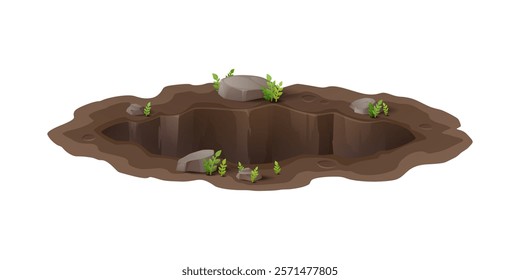 Dirty pit and burrow, cartoon deep ground hole amidst a natural landscape. Isolated vector gap with scattered stones, sprouting grass and textured soil that evoke the mysteries of underground habitats