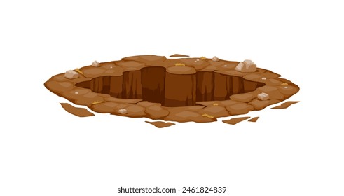 Dirty pit and burrow, deep ground hole. Isolated cartoon vector naturalistic gap surrounded by rugged brown earth, scattered rocks, and sparse vegetation, suggesting an untouched and wild terrain