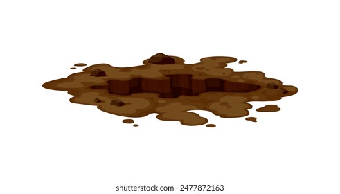 Dirty pit and burrow, deep ground hole. Isolated cartoon vector natural dirty gap in forest or garden, surrounded by muddy, brown earth and scattered rocks, suggesting a wild terrain with soil or mud