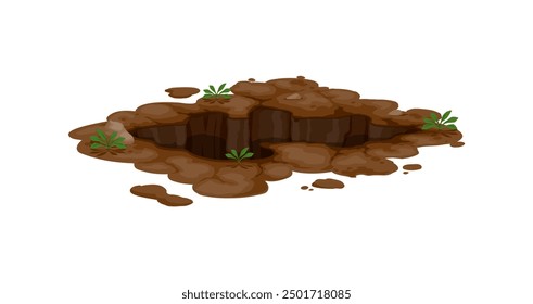 Dirty pit burrow or deep ground hole and underground dig in earth soil, cartoon vector. Hole in soil or pit hollow and underground burrow with dirt stones and grass, groundhog or mole burrow pit