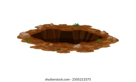 Dirty pit and burrow, deep ground hole. Isolated cartoon vector muddy break, split or dig with uneven edges and stones. Natural gap in garden or forest, surrounded by patches of dirt and small plants