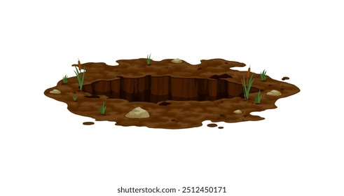 Dirty pit and burrow, deep ground hole amidst a natural landscape. Isolated cartoon vector gap with scattered stones, sprouting grass and textured soil that evoke the mysteries of underground habitats