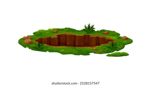 Dirty pit burrow or deep ground hole in earth soil with grass and stones, cartoon vector. Dig pit hollow or underground burrow hole dig from groundhog or mole in garden meadow or forest land