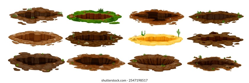 Fosas y madrigueras sucias, profundos agujeros en la tierra con barro y agua en huecos, Vector de dibujos animados. Excavar hoyos en el suelo o en agujeros subterráneos con piedras y hierba en los huecos del suelo de marmota o topo