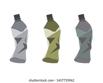 Dirty plastic crush bottle set black gray mustard vector isolated on white background 