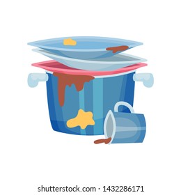 Dirty plates in the pan. Vector illustration on white background.