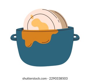 Dirty plates in steel pot flat icon Dishwashing. Vector illustration