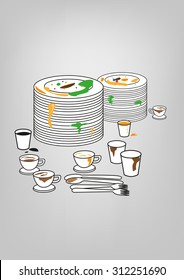 Dirty Plates and utensils. Kitchen Cleaning Supply concept. Editable Clip Art