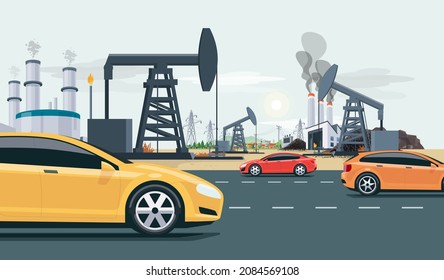 Dirty polluting oilfield with oil pumps and fossil thermal coal and gas power plant energy generation. Traffic road with gasoline cars in the front. City town in the background. Vector illustration.