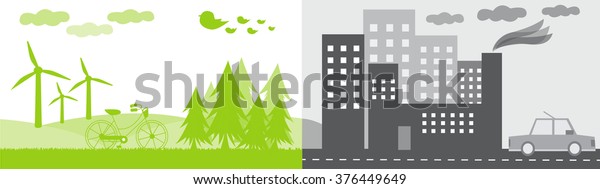 Dirty pollution city with car and\
smog and skyscrapers with green nature with bicycle and\
forest
