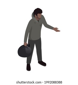 Dirty poor man with black bag stretching hand for money isometric icon vector illustration
