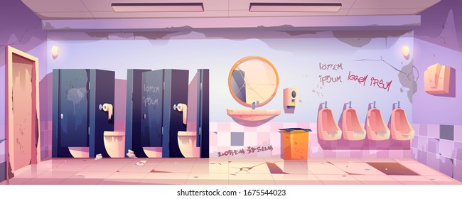 Dirty public restroom with messy toilet bowls and urinals, broken floor and mirror, graffiti drawn on wall. Vector cartoon illustration of old male lavatory, empty unclean WC interior