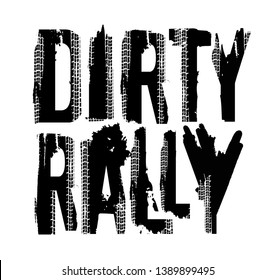 Dirty rally. Off-Road hand drawn grunge lettering. Mud words, unique letters. Vector illustration. Editable graphic element in black color isolated on white background. Horizontal poster