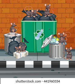 Dirty rats all over trashcans illustration
