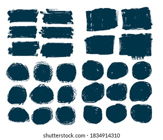 Dirty rectangle and round shape grunge brush stroke set. Vintage vector illustration.