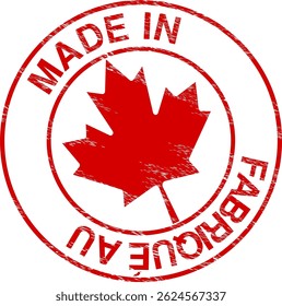 Dirty red stamp mark "MADE IN CANADA" of a maple leaf surrounded by a circle and with the inscription "Made in" in English and French (cut out)