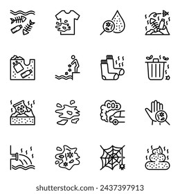 dirty related vector line icons set. messy, pollution, problem, damage, dust, smoke, outline, carbon, dioxide, graphic, pile, plastic, toxic, pollute, poison, ecology