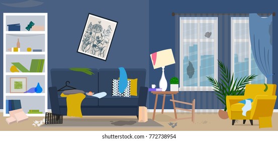 Dirty room. Disorder in the interior. Flat style vector illustration.