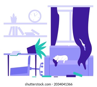 Dirty room at home, chaos in house from cat. Untidy home, clutter. Vector illustration