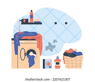 Sucia habitación con lavadora, pila de lavandería, shampoo derramado de estilo plano, ilustración vectorial aislada en fondo blanco. Concepto de vivienda, cosas dispersas, puntos