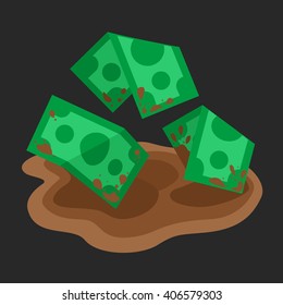 Dirty rumpled money in puddle mud flat color icon, cartoon vector illustration of grime money finance 