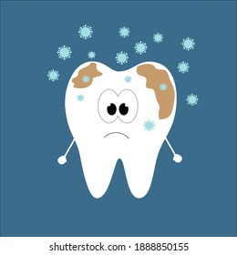 A dirty sad tooth, around which germs fly.