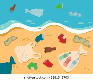 Dirty Sea Shore. Plastic Trash, Rubbish On The Beach. Ecology Problem Flat Style Vector Illustration