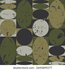 Quadrados sujos e textura geométrica redonda de camuflagem. Camo com padrão de círculo, cor cáqui verde. Vetor sem emenda velho usado fundo