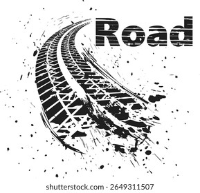 Dirty sharp tire tracks left in rapid movement. Grunge texture. Energy, chaos and the effect of a real chase on a dirty road. Drive and brutality. Grunge tire tracks. Grunge road.