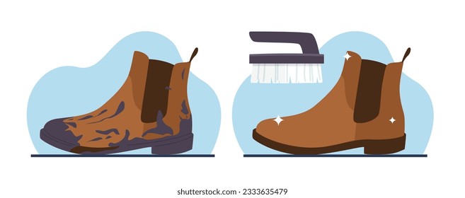 Dirty shoes before and after cleaning. Cleaning footwear service. Washing brush, boots polishing. Leather accessories care, muddy mens shoe. Cartoon flat isolated illustration. Vector concept