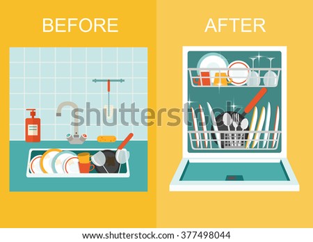 Dirty sink with kitchenware, utensil, dishes, dish detergent and a sponge.Open dishwasher with clean dishes.  Flat style vector illustration.