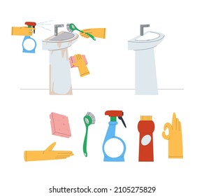 Dirty sink in the process of cleaning. Clean sink after cleaning and disinfection. Rubber gloves and brushes. Flat vector illustration.