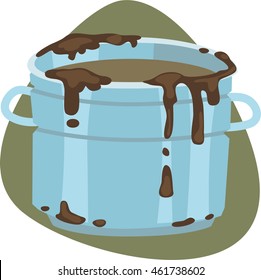 Dirty and smelly big pot without lid. Isolated. On aquamarine background.