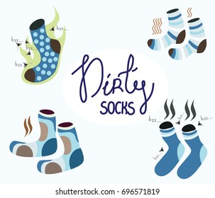 A lot of dirty, smelly, funny socks. Around them fly flies and the stench is evident. Vector. Stock illustration
