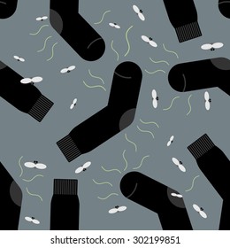 Dirty smelly sock seamless pattern. Bad smell and flies. Vector background clothing accessories.
