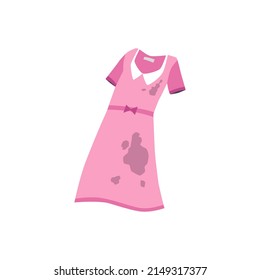 Dirty smely pink dress with many stains in flat vector illustration. Used clothes with spots isolated on white background. Untidy soiled dress cloth prepared for laundry in washing machine