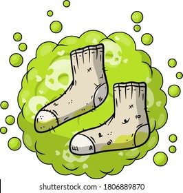 Dirty sock. Sloppy clothes. Stinky toe. Grey Object for washing. Cartoon flat illustration. Green bubble acid cloud. Smelly feet. Bad stench