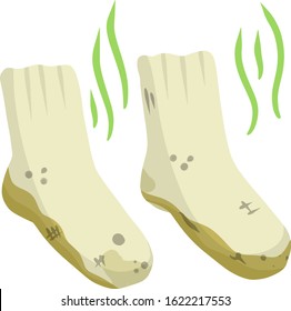 Dirty sock. Smelly feet. The bad stench. Sloppy clothes. Green wave. Stinky toe. White Object for washing. Cartoon flat illustration